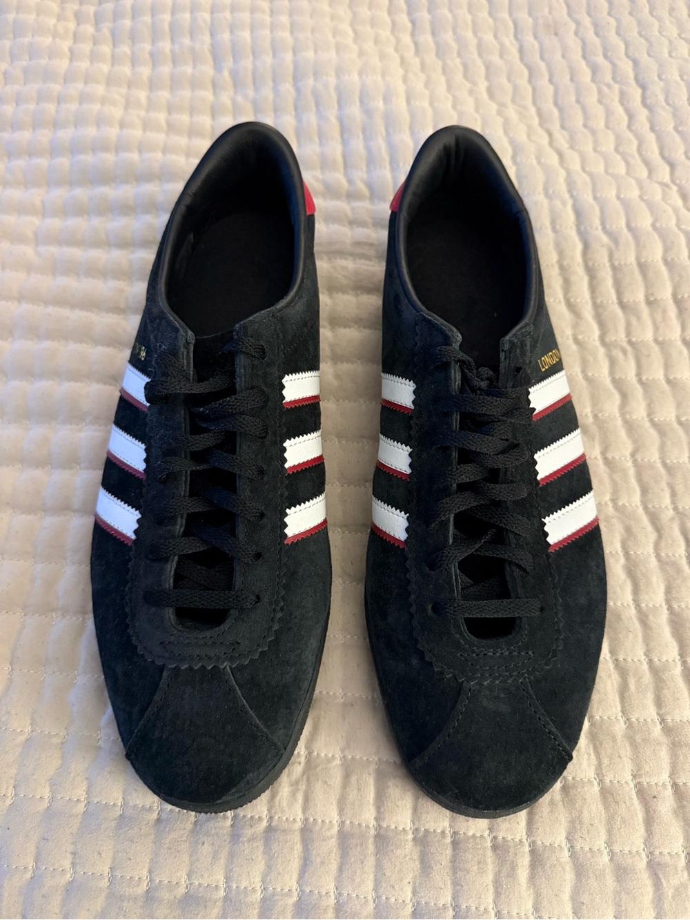 adidas London 96 Men’s Black Suede Sneakers with White & Red Stripes